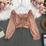 New Spring Fashion All-match square collar puff sleeve Shirt drawstring ruched Long Sleeve Shirt