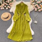 Autumn Purple/Red/Yellow Pleated Dress Women Vintage Stand Collar Puff Sleeve High Waist Draped Vestidos Female Midi Robe