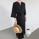 Women Black Buckle Long Elegant Dress New Round Neck Three-quarter Sleeve Loose Fit Fashion Spring Autumn 2023
