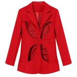 Women Red Hollow Out Casual Blazer New Lapel Long Sleeve Loose Fit Jacket Fashion Tide Spring Autumn 2023