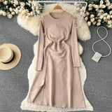 Autumn Women Split Knitted Dress Temperamant Long Sleeve O Neck Slim 2022 Fashion Party Solid Elastic Warm Long