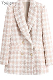 MODA 2023 Autumn Women Vintage Textured Plaid Blazer Ladies Fashion V Neck High Street Slim Blazer Female Chic Outwear