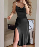 Chain Sling Women Dress High Waist Split Night Satin Sexy Dress Party Robes Casual Club V Neck Elegant Midi Dresses