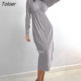 Luxury Elegant Dresses Women Summer Pleated Party Dress Lady Slim Long Sleeve Midi Dress Evening Stretch 2022 Robe