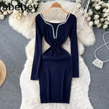 Slim Bodycon Knitted Dress Temperamant Long Sleeve bodycon Sweater Dress Square Collar Women Winter Short