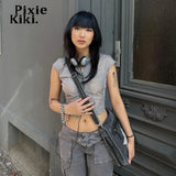 Star Print Gray Low Rise Cargo Jeans Grunge Clothes Y2k Aesthetic Womans Pants Streetwear Denim Trousers
