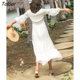 2023 Spring Summer Dress Women Cotton Patchwork Lace Dresses V-Neck Lantern Sleeve Maxi Dress Beach Long Female