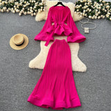 Fashion Strap To The Waist Horn Sleeve Lotus Loaf Under The Pendulum Folding Folding Top + High-Waisted Fish Tail Half-Body