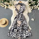 Striped Print Women Summer Dress 2022 Zipper High Neck Sashes Tiger Fashion Ladies A Line Elegant Loose Long