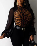 Women Elegant Leopard Mesh Long Sleeve Casual