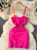 Summer Women Bodycon Dress Color Match Spaghetti Strap V Neck Sleeveless Cut Out Twist Ruched Tight Fit Night Out