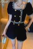 Chic Vintage Tweed 2 Piece Sets Women Outfits Short Sleeve Tweed Cropped Top Shorts Sets Fashion Two Piece Pant