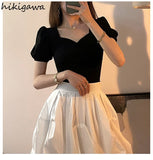 Temperament T Shirts Summer Woman Tshirts Square Collar Puff Sleeve Tunic Tees Tops Femme 2023 Shirts for Women Ropa