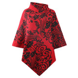 Autumn Winter Print Poncho Women Sweater Oversized Turtleneck Jumper Knitwear Holiday Vintage Cape Batwing Sleeve