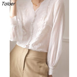 Embroidered Women Blouse Fashion New V Neck Long Sleeve Shirt Tops Women Loose Sweet Elegant Lace Blouses Female