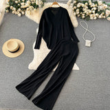 Fashion Casual Knitted Sets Winter Women Long Sleeve Irregular Pullovers+ Wide Leg Pant Loose Sweater Two Pieces