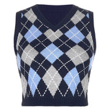 V Neck Vintage Argyle Sweater Vest Women Y2K Black Sleeveless Plaid Knitted Crop Sweaters Casual Autumn Preppy