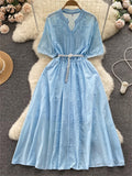 Fashion Embroidery Midi Long Dress Lapel V Neck Pearl Belt Ruff Sleeve Ladies Elastic Waist Sweet Beach Summer