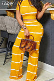 Elastic Ribbed Women's Tracksuit Two Piece Pant Suits Chic Short Sleeve Cropped Tops and High Waist Wide Leg Pant