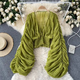 Summer Sexy Draped Chiffon Blouse For Women Elegant V-Neck Puff Long Sleeve Short Tops Female Slim Party Shirts 2022 New