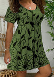 Sweet O-Neck Short Sleeves Leaf Print