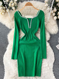 Retro Bodycon Knitted Dress Temperamant Long Sleeve Slim Sweater Dress Square Collar Women Winter Short Knit