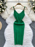 Backless Sleeveless Women Knitted Dress Slim Solid Gentle Fashion 2022 Summer V Neck Ladies A Line Midi