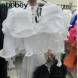 Slim Solid Patchwork Ruffles Lace Up Blouses For Women Deep V Neck Loose Long Sleeve Female 2022 Spring