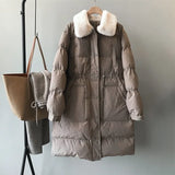New women's winter down jacket faux rabbit fur collar long drawstring slim zipper ladies chic coat loose oversize outwear