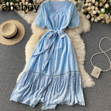 Women Elegant Solid Dress Retro Short Sleeve V Neck A-line Dresses Summer Korean Streetwear Midi Long Dress