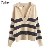 ZBZA Women 2023 Autumn Winter Knitted Pullover Sweater Women Striped Print Pullovers Fashion Female Sweater