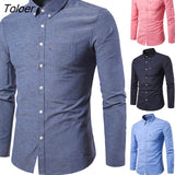 Men Solid Color Turn Down Collar Long Sleeve Shirt Slim Button Pocket Work