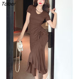 Pieces Outfits Women Chic Casual Folds Stretchy V-Neck Tops T-Shirt High Waist Mermaid Midi Skirt Femme Mujer Slim Sets
