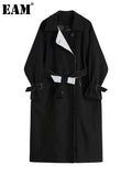 Women Black Color-block Big Size Long Trench New Lapel Long Sleeve Loose Windbreaker Fashion Spring Autumn 2023