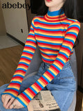 Rainbow Knitted Women Sweaters And Long Sleeve Casual O-Neck Pullovers Sueter Mujer Tops Striped Turtleneck