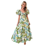 Summer New Holiday Leisure Printing Waist Bubble Sleeve Dress Dress