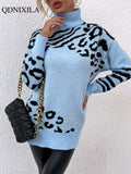 Autumn Winter Pullover Slim Knit Leopard Print Women Turtleneck Long Sleeve Warm Thick Casual Fashion Female Sweaters
