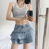 Sexy Ruffle Mini Skirt Denim Women Summer Vintage Cute High Waist Patchwork A-line Short Jeans Skirt Gyaru
