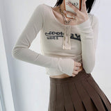 Vintage Letter Print Crop Tops Grunge Ribbed T-shirts Sexy Slim Long Sleeve Tee Shirt Women Korean Fashion