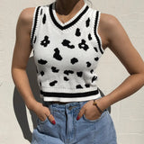 Vintage Print Women Sweaters Autumn New V-Neck Sleeveless Female Knitted Vest Streetwear y2k Top Pullover Casual