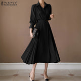 Pleated Fashion Elegant Work OL Party Casual Vestidos Shirtdress Vintage Dresses ZANZEA Women Spring Sleeved A-line Lapel