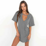 Women Tshirt mini Dress Choker V-neck Summer Dresses Long Short Sleeve Casual Sexy Halter Boho Beach Dress Vestidos