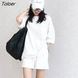 Women Sets Solid 2 Piece O-Neck Three Quarter Sleeve T-shirts Drawstring Loose Shorts Casual Stylish Korean Style Summer