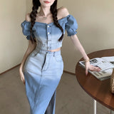 Women 2 Piece Set Sexy Denim Slash Neck Short Sleeve Crop Top + High Waist Split Bodycon Skirts Korean Lady Elegant