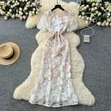 High-End Elegant Heavy Industry Flower Embroidery Round Collar Lantern Sleeves To Close The Waist Slim Slimmed Fishtail Dress