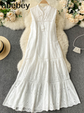 Dress Women Summer Sleeveless Mid-calf Dress Solid Lace-up V-neck Loose Waist Embroidery Hollow Beach Holiday
