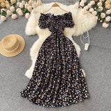 Women Chiffon French Style Dress Summer 2022 Slash Neck Vacation Elastic Waist Elegant Party Slim A Line Long