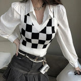 Y2K Black White Plaid Cropped Sweater Vest Women Korean Fashion Oversize V-neck Checkered Knitted Jumper Female