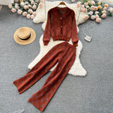 Winter Retro Plaid Knit Sets Single Breasted V Neck Cardigan+Elastic Wide Leg Long Pant Women Sweater Two Pieces
