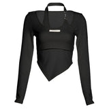 Fake Two Piece Halter Crop Tops Irregular Patchwork Long Sleeve T-shirt Chain Sexy Slim Chic Tops Women Streetwear